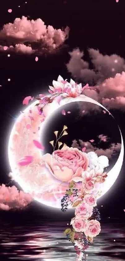 Floral crescent moon with pink clouds and roses, dreamy mobile wallpaper.