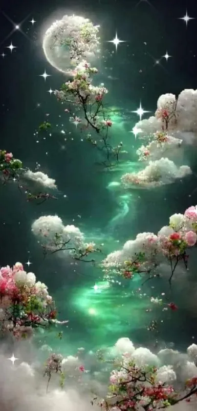 Dreamy floral pathway with moonlit clouds.