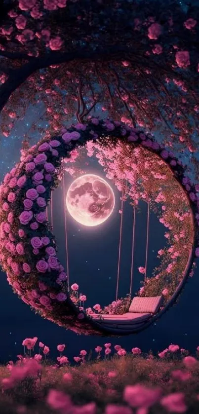 Night sky with pink floral swing and moonlit ambiance.