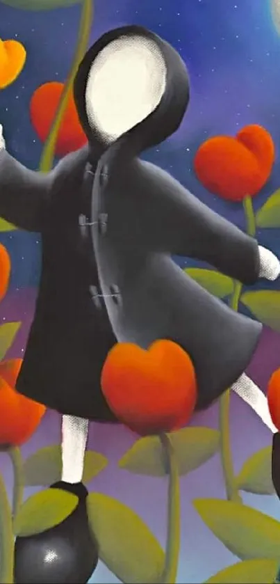 Faceless figure in black coat with vibrant orange flowers under moonlit sky.