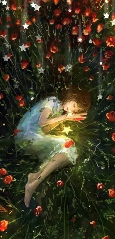 Girl in a field of red flowers under a starry night sky, creating a dreamy atmosphere.