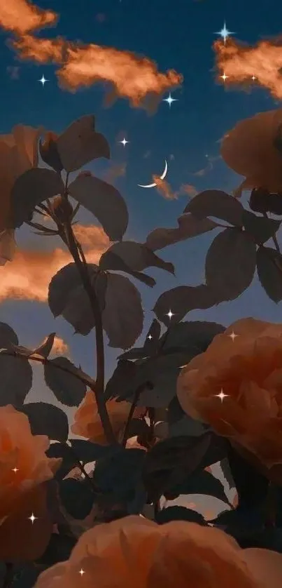 Flowers silhouetted against a moonlit night sky with glowing clouds.