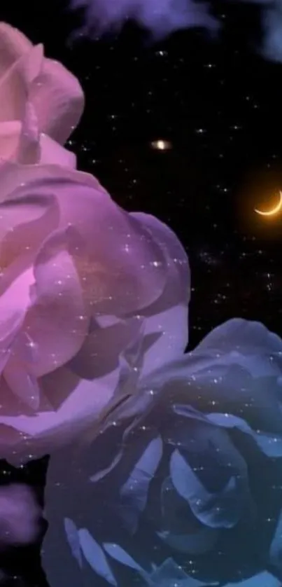 Dreamy purple and blue floral night sky wallpaper with crescent moon.