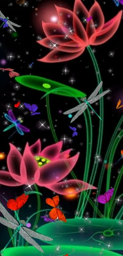 Fantasy floral wallpaper with glowing flowers and vibrant insects on a starry night.