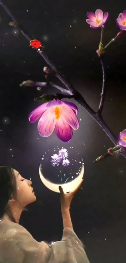 Mystical night with flowers and woman, creating dreamy ambiance.