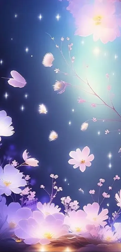 Dreamy floral nightscape with glowing stars and flowers.