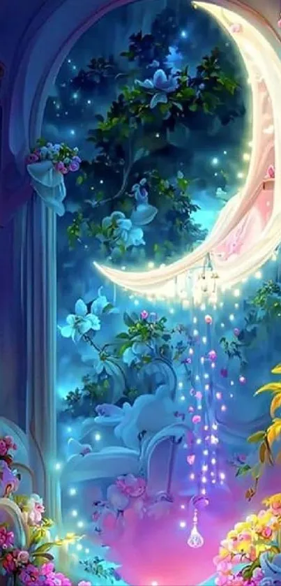 Enchanting floral wallpaper with glowing moon.