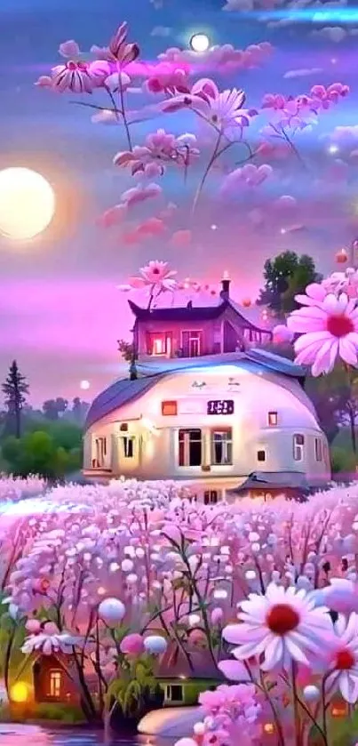 Dreamy cottage surrounded by pink flowers under a night sky.