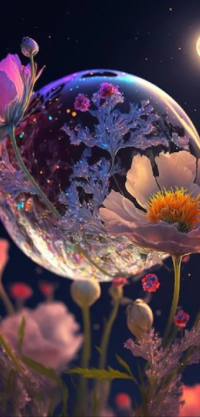 Dreamy floral nightscape with glowing moon and illuminated flowers.