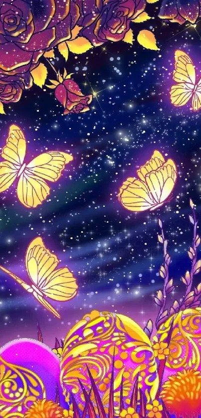 Luminous butterflies and roses in a starry purple nightscape wallpaper.