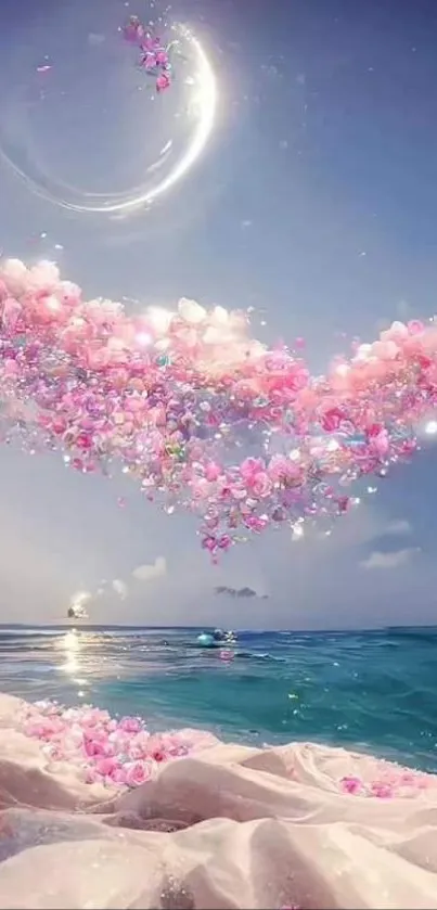 Dreamy pink floral arch over ocean with a crescent moon in the background.