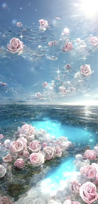 Floating pink roses over a shimmering ocean under a blue sky.