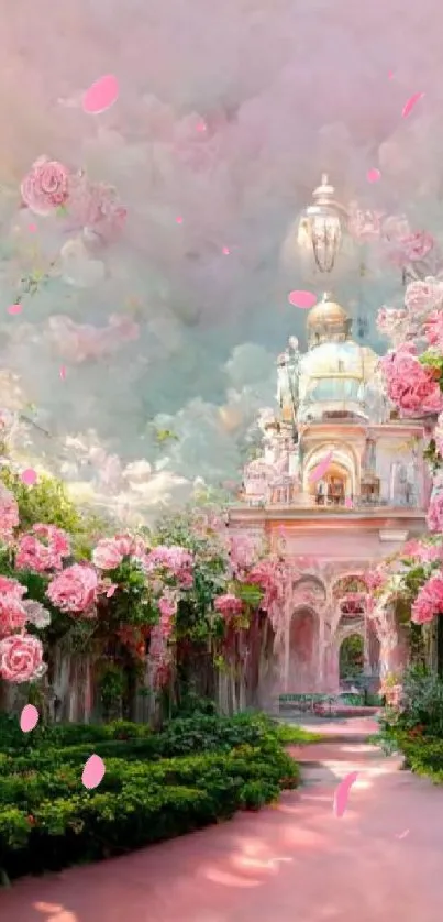 Dreamy palace with pink roses and gardens in mobile wallpaper.