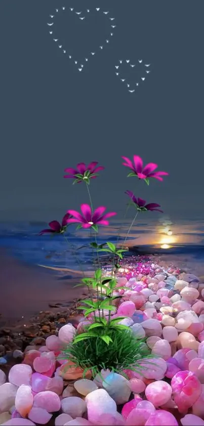 Colorful floral path with vibrant sunset and pebbles.