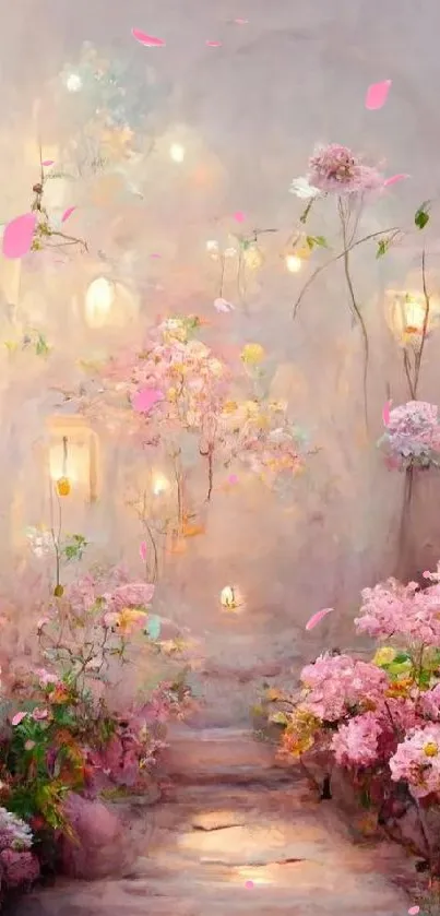 Mobile wallpaper with dreamy floral path and pastel flowers.