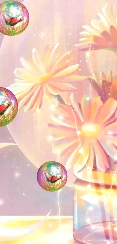 Dreamy floral wallpaper with daisies and glowing orbs in a pastel setting.