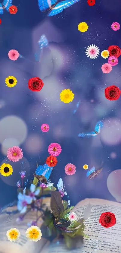 Enchanting wallpaper with flowers and butterflies on a dreamy blue background.