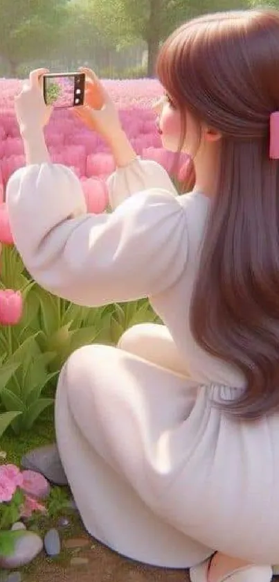 Woman photographing pink tulip field in springtime.