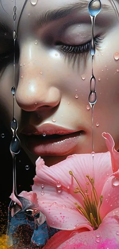 Surreal portrait with pink flowers and water droplets.