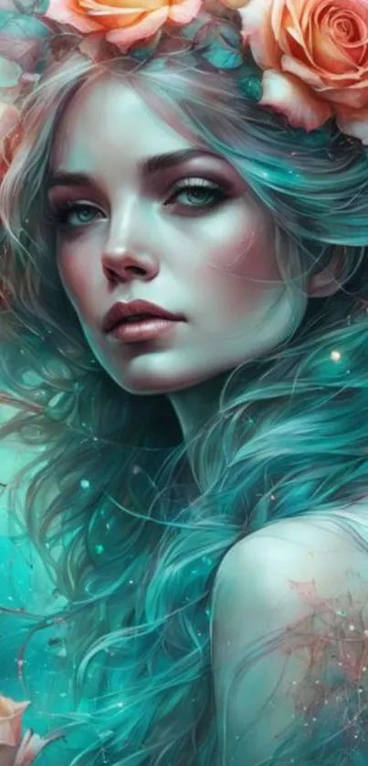 Fantasy woman with turquoise hair and floral crown wallpaper.