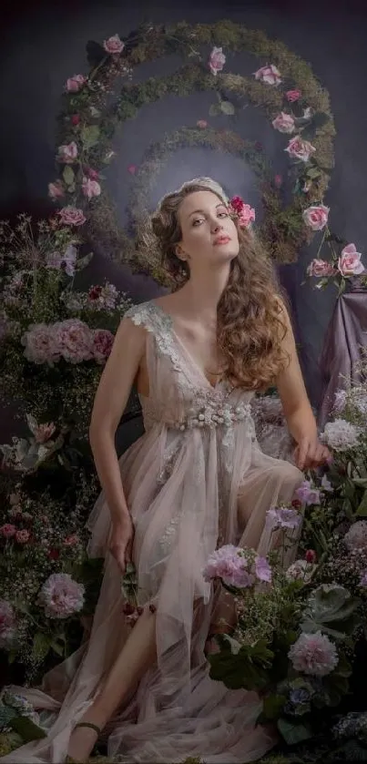 A graceful woman in a dreamy floral garden with a soft purple backdrop.