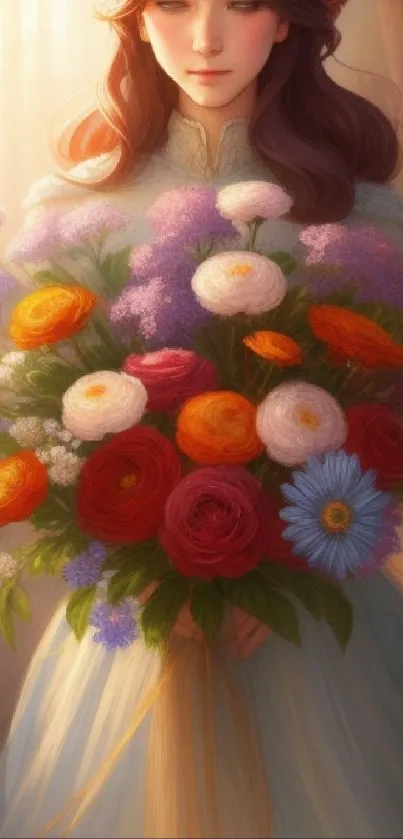 Woman with vibrant flower bouquet in a dreamy, soft-lit forest setting.