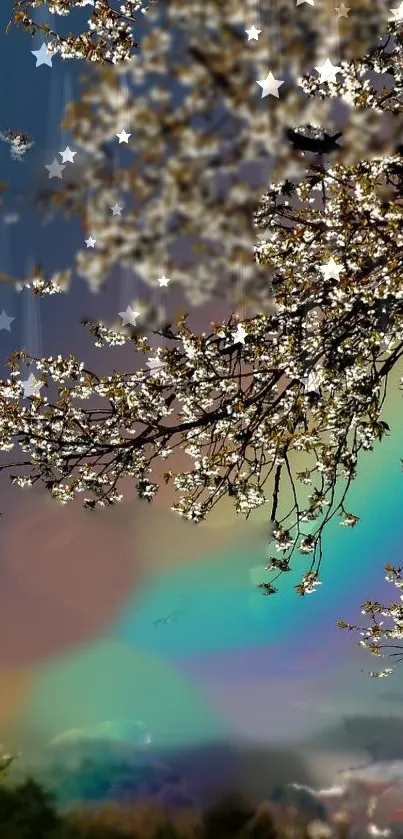 Charming wallpaper with floral branches and a colorful starry rainbow backdrop.