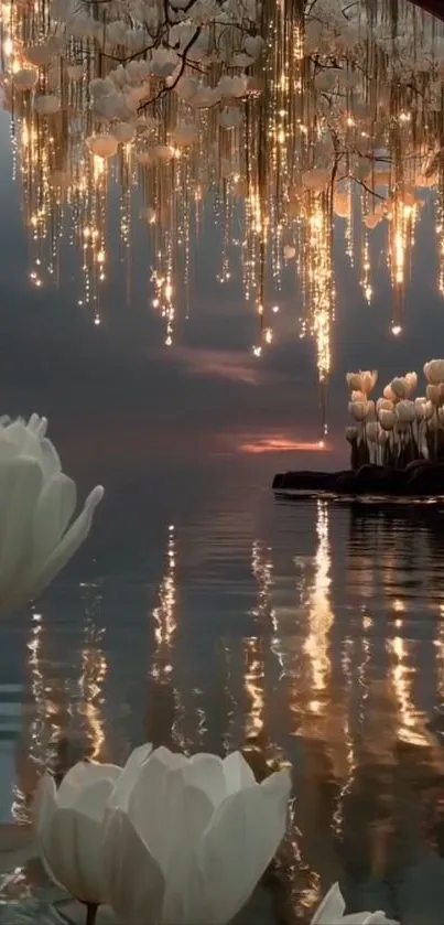 Dreamy mobile wallpaper with white flowers and reflections.