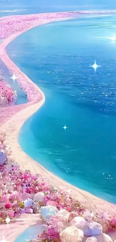 Dreamy seaside with a pink floral path and serene blue waters.