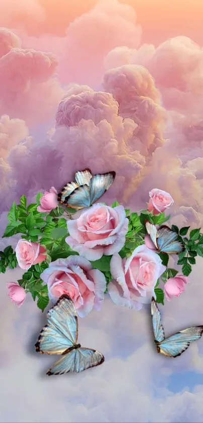 Dreamy wallpaper with pink roses and butterflies against soft clouds.