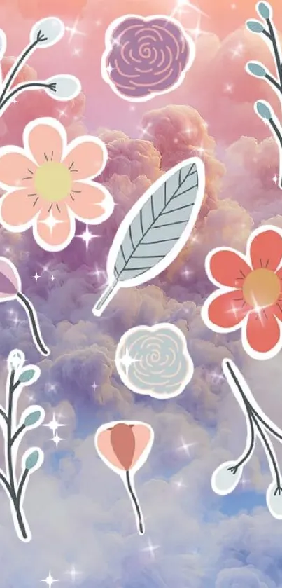 Floral designs float on pastel hued cloudy sky; dreamy and artistic mobile wallpaper.