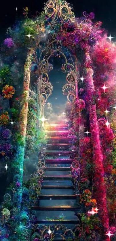 Colorful floral staircase leading to the sky.