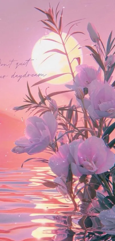 Dreamy floral wallpaper with sunset reflection.