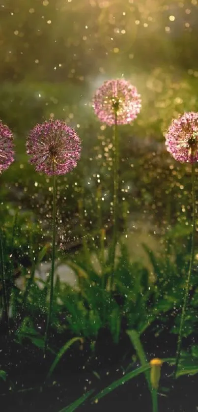 Dreamy sunset with glowing pink alliums and magical light in a lush garden.