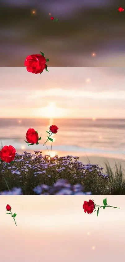 Floating red roses against ocean sunset