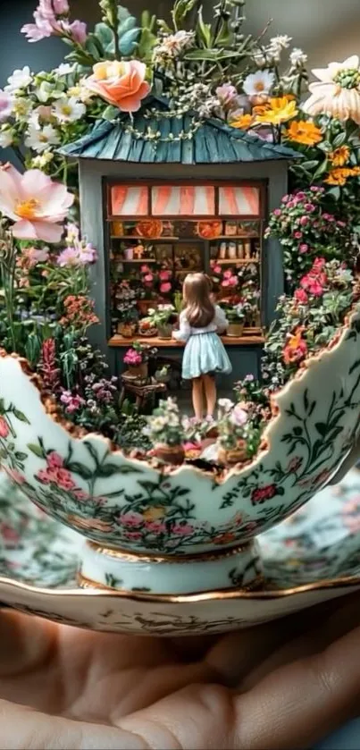 Miniature girl in a floral teacup garden, vibrant and whimsical.