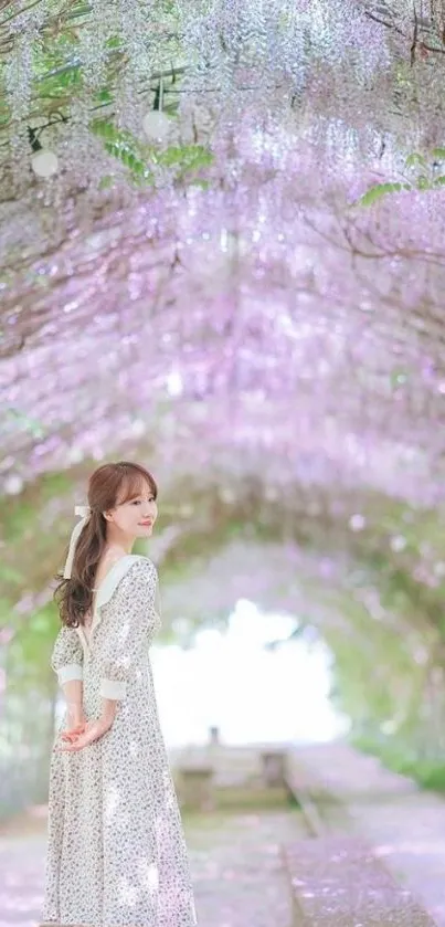 Woman in floral tunnel with lavender hues.