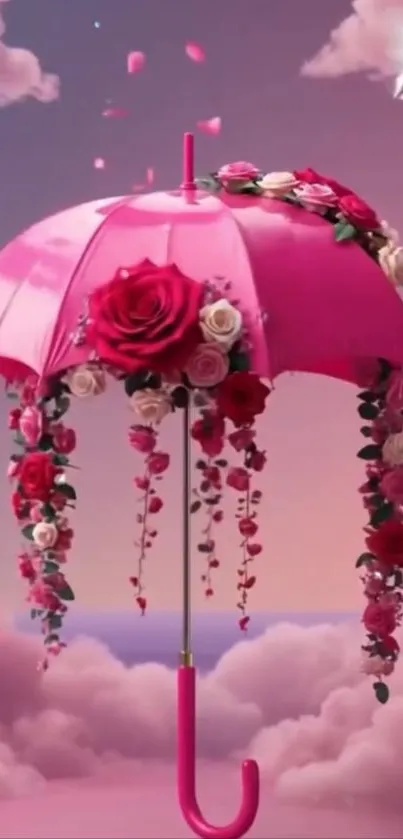 Whimsical pink umbrella with flowers and birds in a fantasy sky.