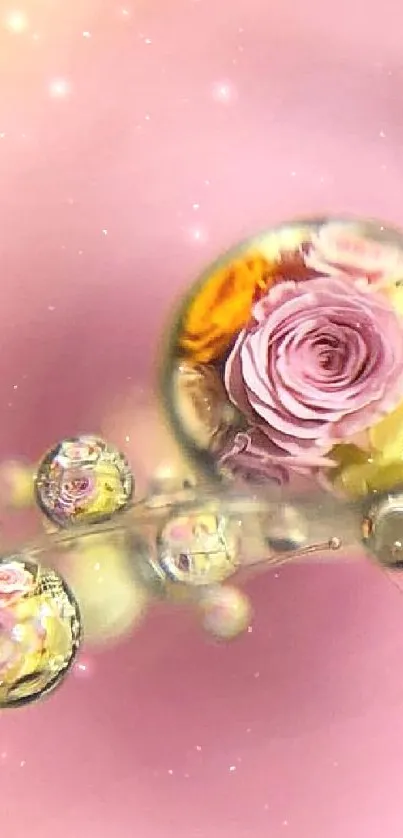 Dreamy floral wallpaper with colorful waterdrops reflecting pink and yellow hues.