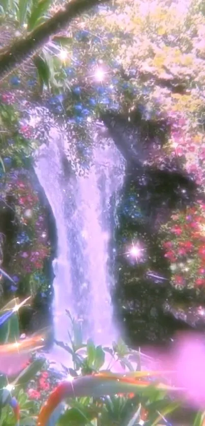 Dreamy waterfall with flowers and sparkles in vibrant colors.