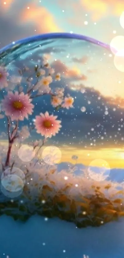 Enchanting winter landscape with flowers in snow and a sunset.