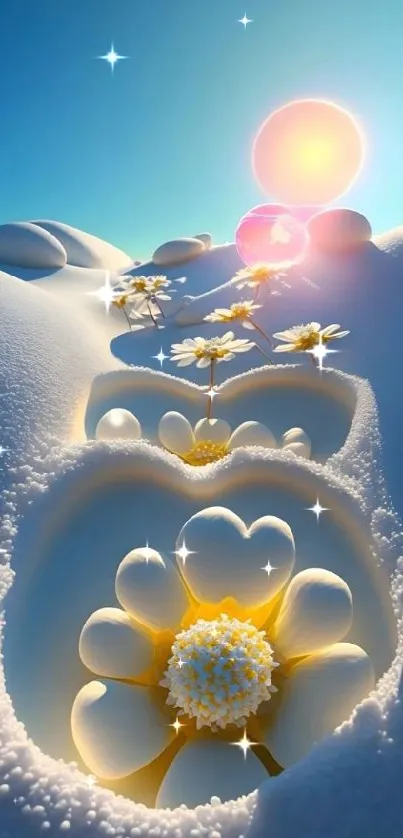 Dreamy white flowers in sunlit snow landscape.