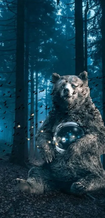 Bear in a mystical teal blue forest holding an orb.