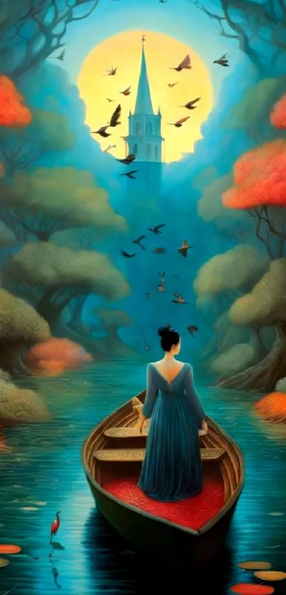 Woman in blue dress on a boat amidst a colorful, dreamy forest.