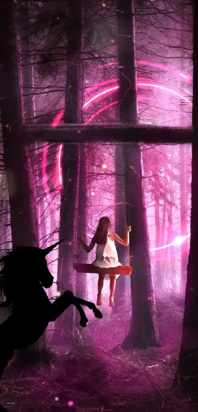 Girl on swing in pink-lit forest with unicorn.