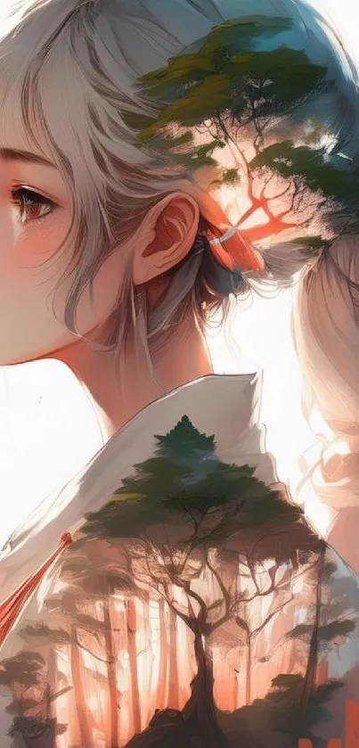 Anime portrait with forest overlay