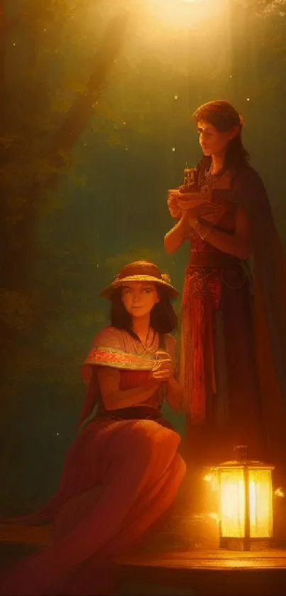 Two women in a forest with lantern light creating a magical and dreamy atmosphere.