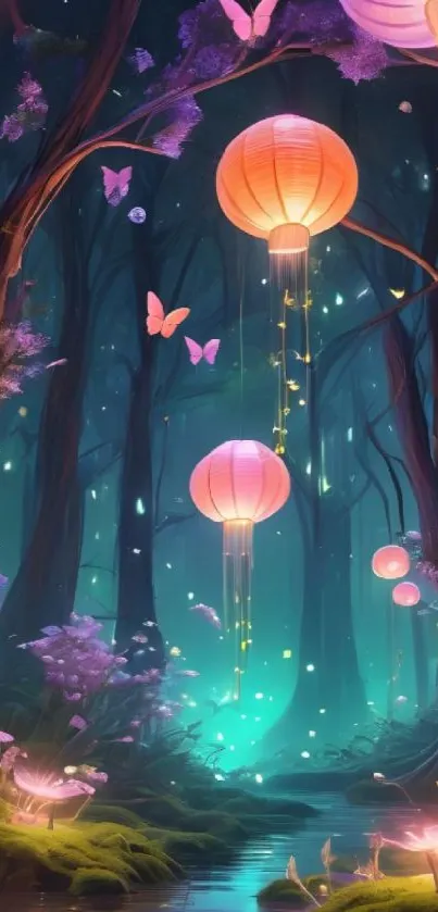 Magical forest with glowing lanterns and butterflies at night.