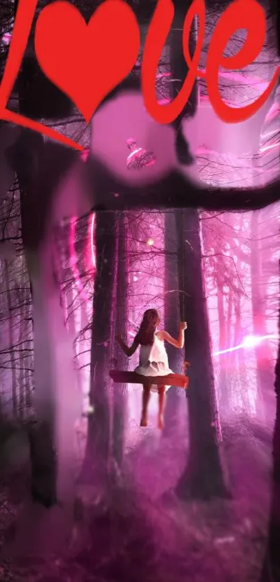 Girl on swing with love text in pink forest scene.