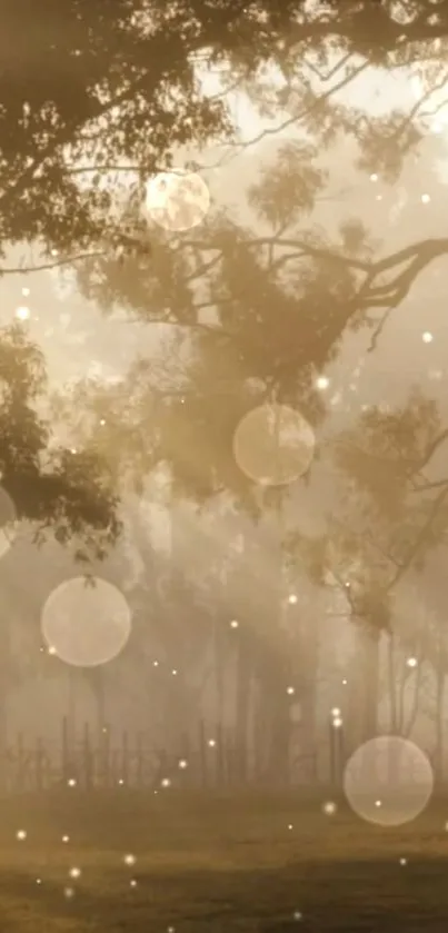 Misty forest with bokeh lights in sepia tones, creating a tranquil wallpaper.